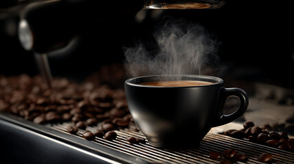 Fototapeta premium Steaming coffee cup placed on espresso machine with coffee beans scattered in the background