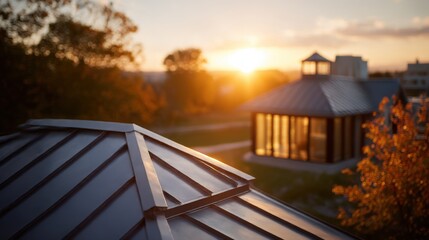 Fototapeta premium Sunlight glimmers over modern architecture in the evening sky at a serene outdoor location