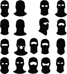 Diverse Balaclava Silhouettes: Collection of Ski Masks and Head Coverings for Winter Sports, Tactical Gear, and Anonymity – Vector Illustration Set.