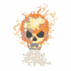 flaming skull mascot with pixel flame effects, white background