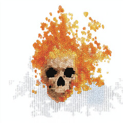 flaming skull mascot with pixel flame effects, white background
