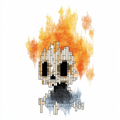 flaming skull mascot with pixel flame effects, white background