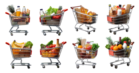 Diverse Grocery Carts Filled with Fresh and Healthy Food Items, isolated on transparent background