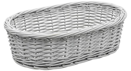 Obraz premium Oval woven wicker basket with a light gray finish isolated on a white background