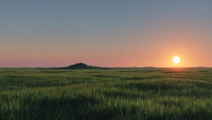 Wide shot of a grassy plain at sunset.  Soft colors, low sun