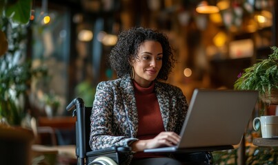Candid headshot of a disabled female professional in a wheelchair working remotely in a cafe, reflecting a positive and diverse workplace that supports flexible working arrangements, Generative AI