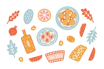 Delicious Culinary Composition: A visually appealing arrangement of various culinary elements including vegetable and fruit illustrations.