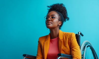 Inclusive image of a disabled corporate Black African American businesswoman in a wheelchair, captured with a blue background to represent inclusivity and diversity in the corporate, Generative AI