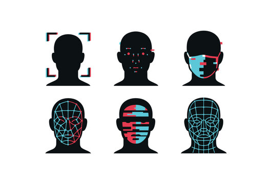 six different glitch effect illustration isolated on white backgorund face recognition algorithm face detection box face landmark model face mask overlay face mesh grid face texture map