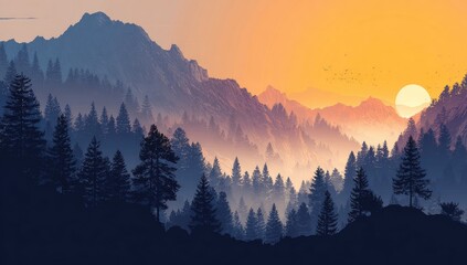 Misty mountain range at sunrise. Silhouetted trees line the valley