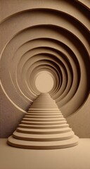 Obraz premium Beige tunnel with circular layered walls and a tiered staircase