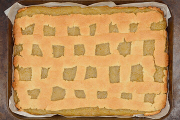 A perfectly baked apple pie with a golden-brown lattice top crust, still in its rectangular baking...