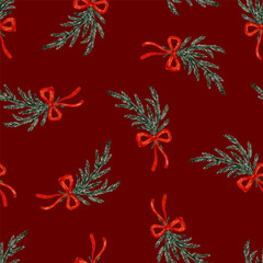 Evergreen branches with red ribbons on a red background.