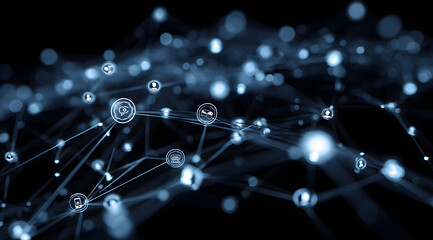 Abstract network with interconnected nodes and icons on a dark background in blue and white tones