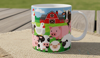 Cheerful farm animal mug brings a touch of countryside charm to your morning coffee, featuring cows, pigs, sheep, and chickens against a classic red barn backdrop for a delightful rural aesthetic