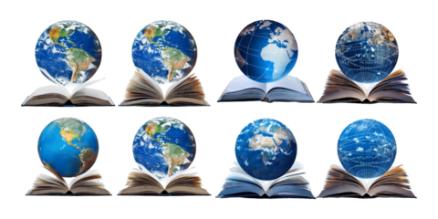 Earth Globes on Open Books with Transparent Background