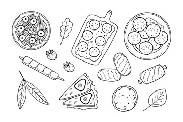 Drawn Food Collection: A monochrome illustration displaying a variety of delicious dishes, perfect for culinary projects and food-related design.