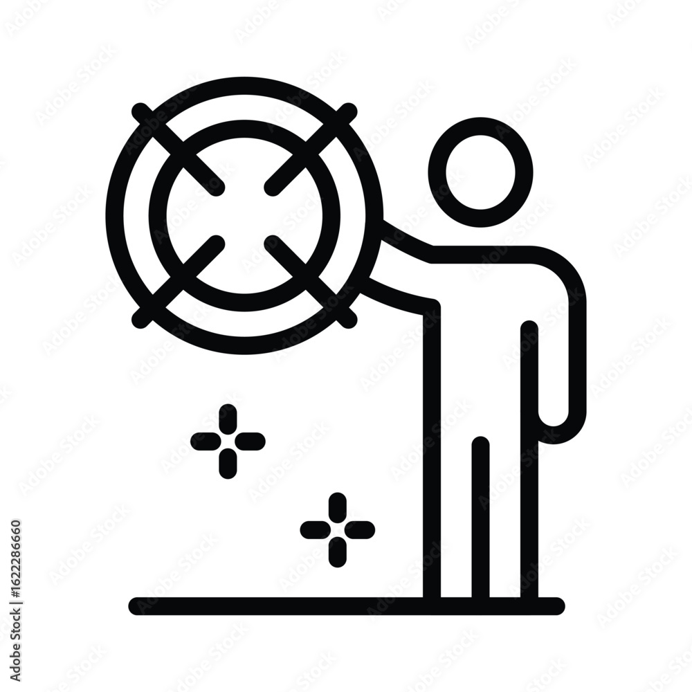 Poster black line drawing of a figure holding a target standing on a line with two asterisklike shapes near