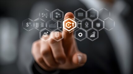 IT Consulting. Businessman holds digital consulting network connecting icon representing IT solutions, focusing on innovation, strategy, optimization, growth, and technology-driven success