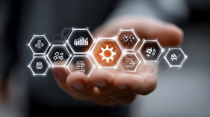 IT Consulting. Businessman holds digital consulting network connecting icon representing IT solutions, focusing on innovation, strategy, optimization, growth, and technology-driven success