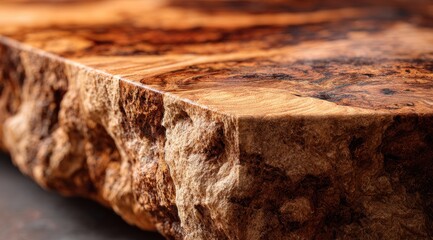 Close-up of a slab of natural wood, showcasing its unique, irregular grain and rich tones.  The wood's texture is prominent, with variations in light and dark brown