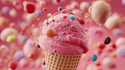 Delicious pink ice cream with sprinkles delights under a whimsical candy explosion backdrop.