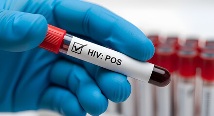 A gloved hand holds a blood sample labeled "HIV: POS" indicating a positive HIV test result, with test tubes in the background.