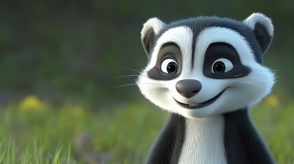Obraz premium Happy badger cartoon, meadow background, animation, children's film