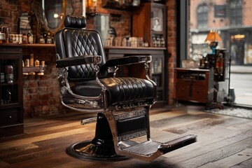 Black leather barber chair in vintage barbershop