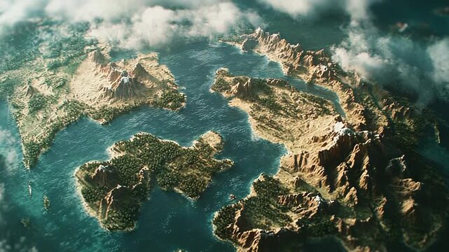 Archipelago surrounded by clouds with lush vegetation and mountains rising from the sea