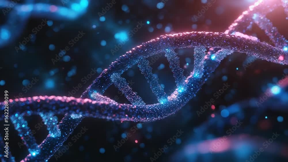 Poster dna double helix rotating in a microscopic environment with glowing particles