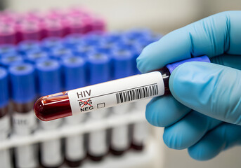 A gloved hand holds a blood test tube labeled "HIV" in a laboratory, with multiple sample tubes blurred in the background.