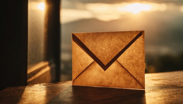 Sunlit envelope on wooden table, window view - Powered by Adobe
