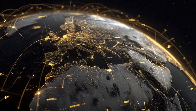 Global network.  Golden lines connect city lights across the dark globe