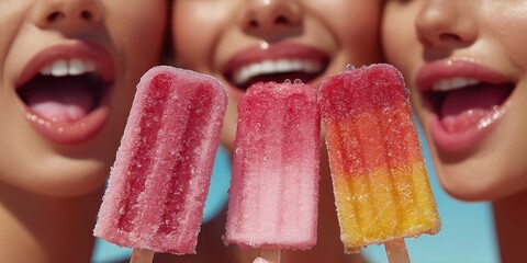 Teenage besties laughing at sunset beach for International Friendship Day concept. Three smiling women enjoying colorful ice pops on a sunny day