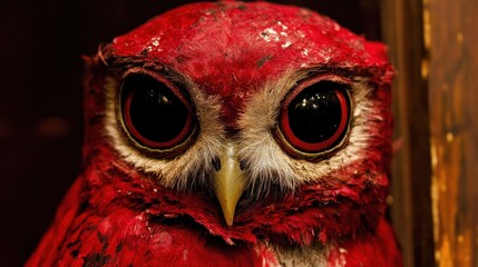 Close-up of a red owl, display case, dark background