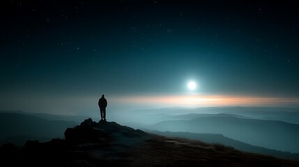 Lone Traveler Silhouetted with Gazing at Night Sky  Bright Moon Over Mountains.