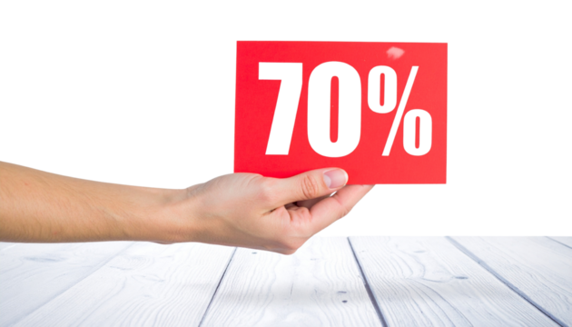 Female hand holding a red '70%' discount card, isolated on transparent background