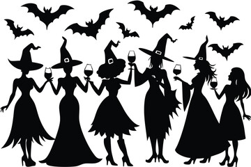 Group of witches in silhouette holding wine glasses with bats flying around them