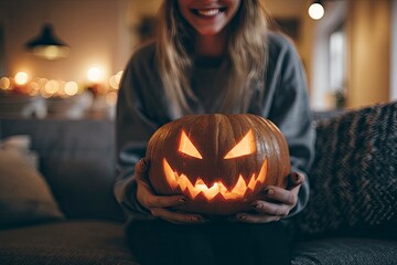 Woman smiles holding a glowing carved jackolantern in a cozy warmlit living room setting