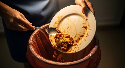 Person scraping leftover food from plate into trash can