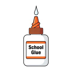 A cartoon illustration of a bottle of school glue with an orange cap and a drop of glue falling down