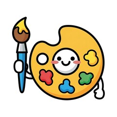 A cartoon paint palette character holding a brush with a smiling face on a white background image art