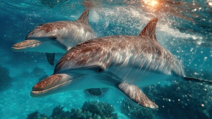 Fototapeta premium Two bottlenose dolphins gracefully swim underwater near the surface, bathed in sunlight's warm glow