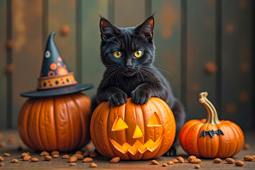 Black Cat with Witch Hat Sitting on Pumpkin and Jack-o'-Lantern