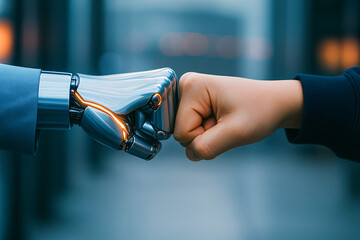 Robot and human hands making a fist bump, symbolizing future collaboration, partnership, and successful teamwork between people and AI.	
