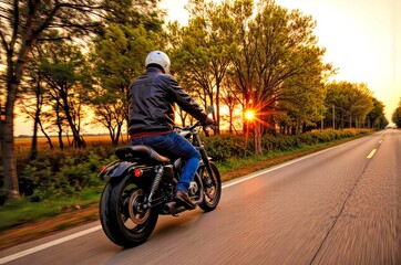 Man Riding Motorcycle at Sunset on Tree-Lined Road