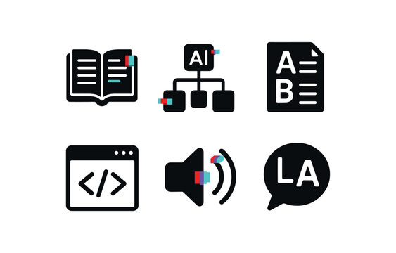 six different glitch effect illustration isolated on white backgorund language lexicon index language parser engine language proficiency test language model API language text to speech