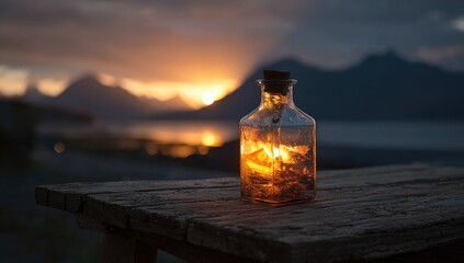 A glass bottle, lit from within, sits on a weathered wooden table at sunset.  Mountains and water are visible in the background