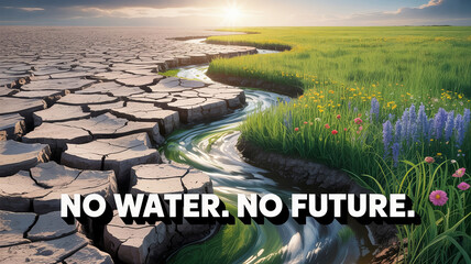 No water no future dry land drought cracked earth water stream green grass flowers landscape environmental issue climate change global warming nature ecosystem water shortage arid desert parched